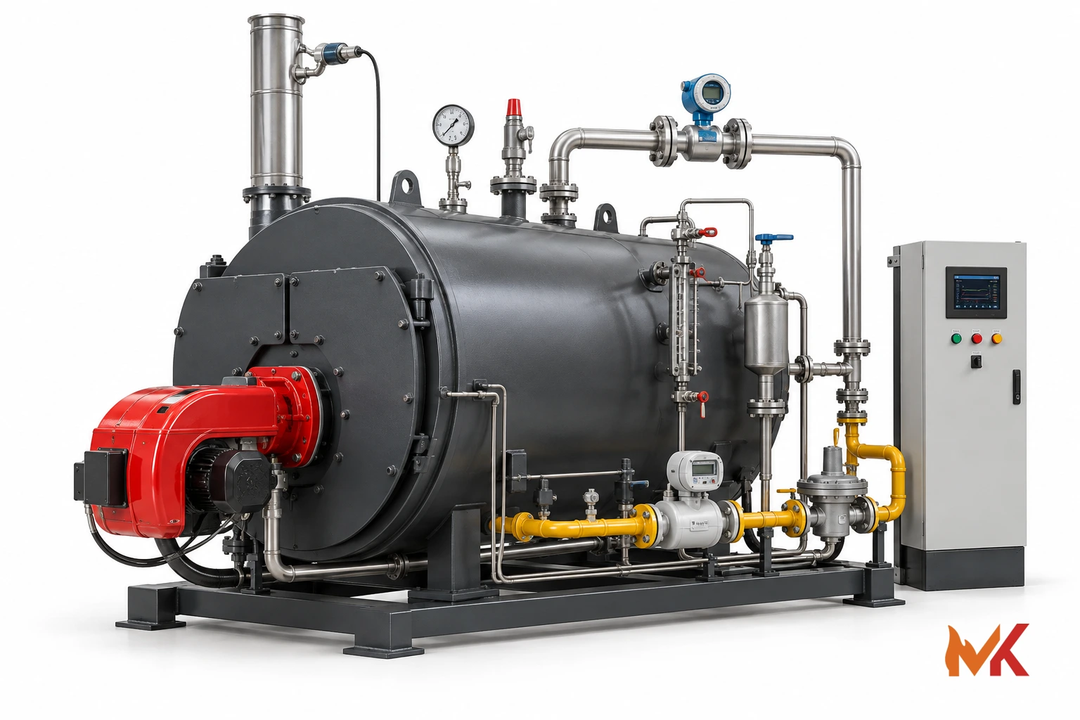 Conceptual illustration of a boiler energy balance showing fuel input, steam output and stack, blowdown and radiation losses