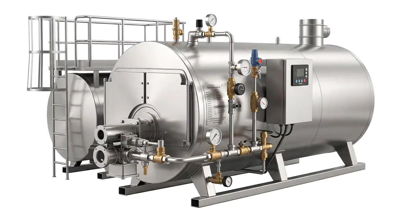 Stainless steel packaged steam boiler rotating to show its inspection platform, feedwater tank, smokebox door, flue outlet, control stack and skid-mounted pipework.