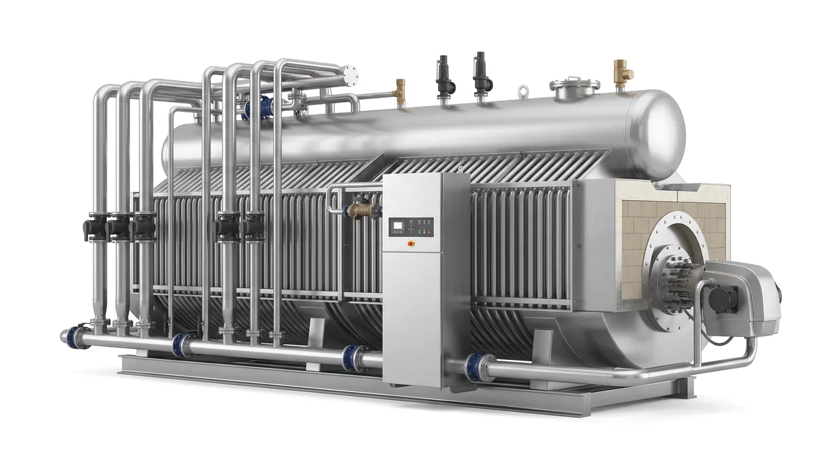 Industrial water tube steam boiler installed in a manufacturing plant.
