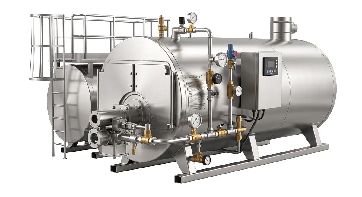Packaged horizontal gas and oil fired steam boiler prepared for inspection